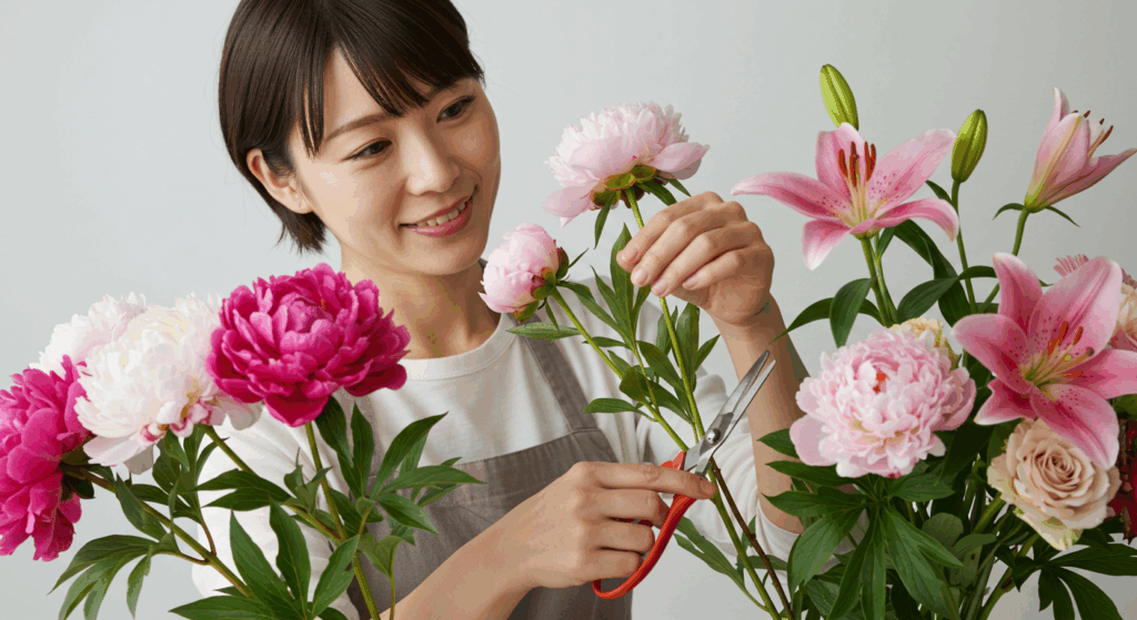 花屋の店員が新鮮な花を丁寧に手入れしている手元のクローズアップ。茎を整えたり、アレンジしたりする様子が、花の儚い美しさをほのかに示唆している。