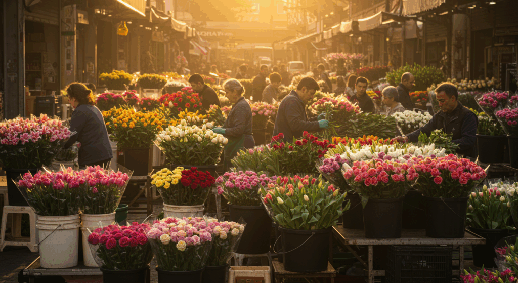早朝の活気ある花市場の風景。花屋が新鮮な花を注意深く選んでいる様子が描かれ、流通における手間と配慮が伝わる。