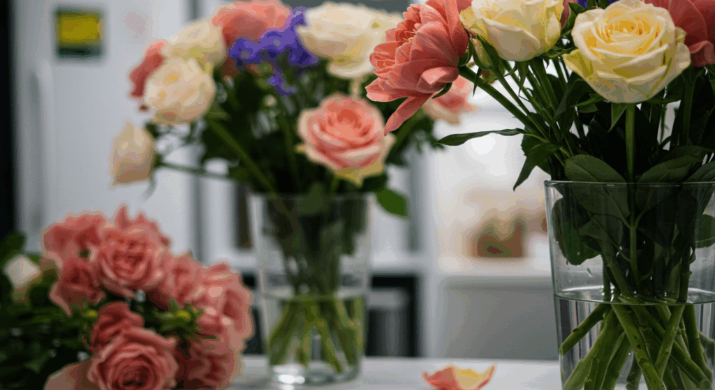 美しくモダンにアレンジされた生花のディスプレイ。背景には、花の慎重な管理や一時的な性質を示唆する要素（例えば、ぼかされた冷蔵室の背景や、一枚の落ちた花びら）がさりげなく配置されている。