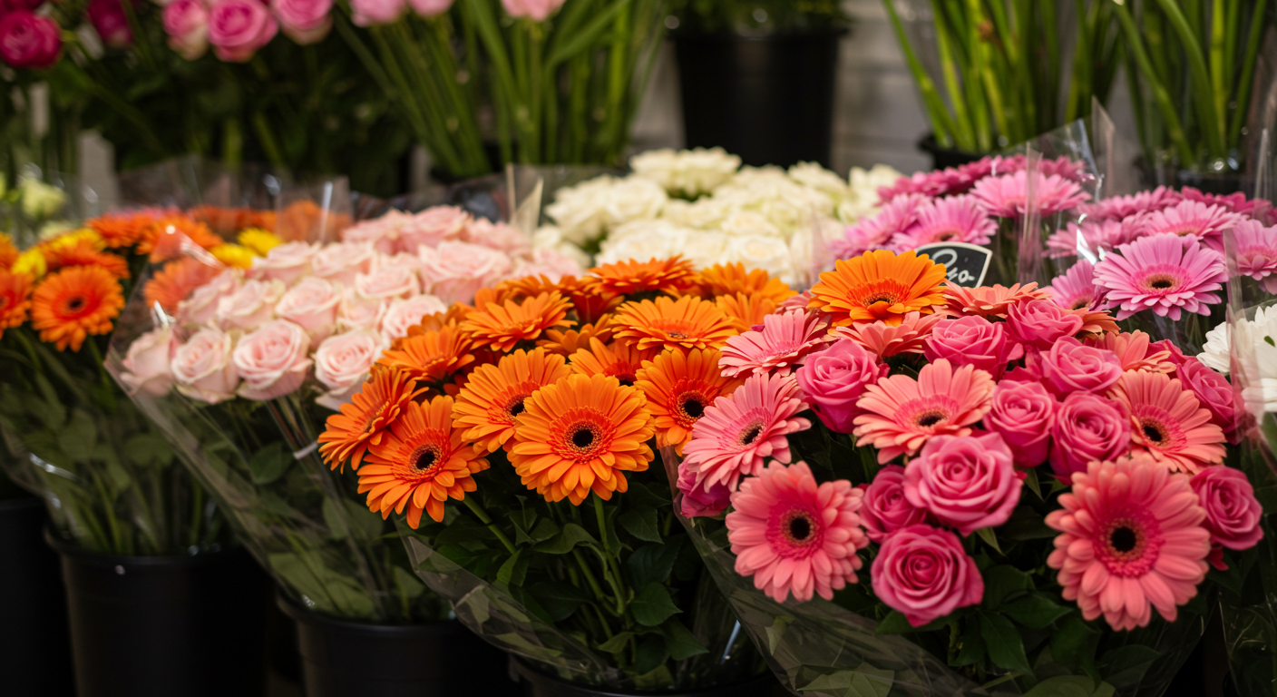 生花店の店内に並べられた、鮮やかで丁寧にアレンジされた新鮮な花束。柔らかく魅力的な照明が、花の繊細な美しさと価値を強調している。